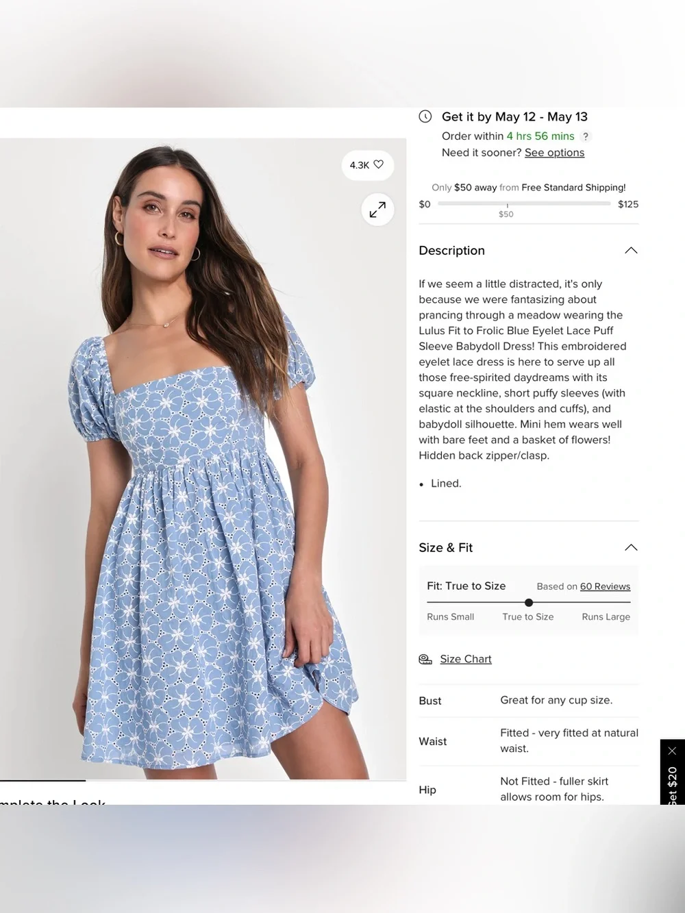 Lulu's Fit to Frolic Blue Eyelet Lace Puff Sleeve Babydoll Dress Sz L - Picture 5 of 9